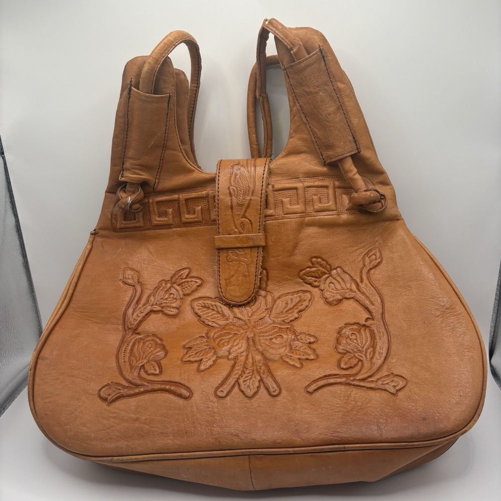 1970s Vintage Leather Purse Handbag Shoulder Floral Hand Tooled Design Brown